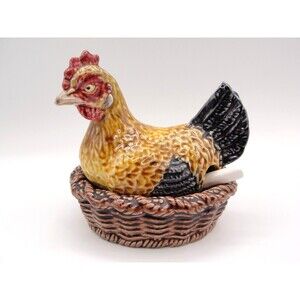 Vintage Ceramic Hen on Nest Jam Jar Condiment Basket Bordallo Pinheiro Portugal